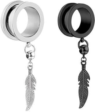RDSGYZ 2STK Cool Dehner Tunnel Edelstahl, Silber Schwarz Ohr Expander Passend Piercing Schmuck Set Runder und Blattanhänger für Unisex 12mm (1/2)