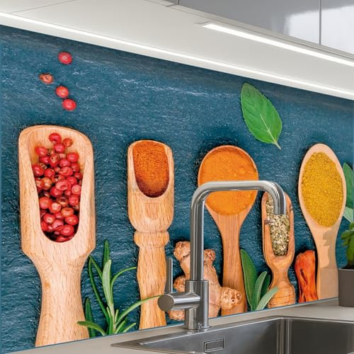 KitchenYeah© Credence Cuisine Adhesive Protege Mur Revetement Mural Adhesif | 60x80 cm - Parement Interieur À Coller Plaque Plastique Rigide Cuillères - Bois - Herbes - Épices