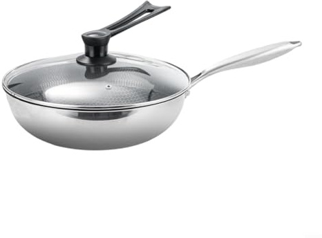 Homeponnew Wok anti-adhésif triple couche en acier inoxydable de 32 cm avec couvercle, pour plaques à induction et flammes nues, ustensile de cuisine robuste pour sauté à la vapeur, usage domestique
