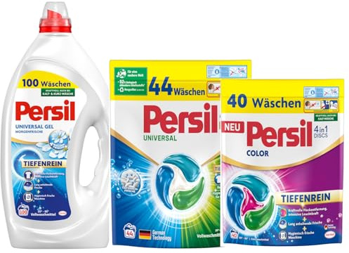PERSIL Universal Kraft-Gel Morgenfrische 100 WL 4,5 L + 4in1 Discs Universal 44 WL 748 g + 4in1 Discs Color 40 WL 748 g – Waschmittel Probierpaket für weiße & bunte Wäsche