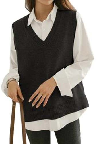 shownicer Pulls sans Manches Femme Col en V Gilet Tricot Basique Couleur Unie Pull A Noir XL