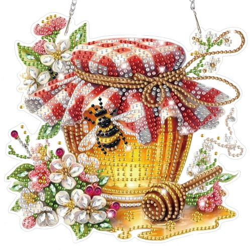 Lxmsja Garden Bees Diamond Art Hanging Kits for Adults, Diamond Art Suncatchers Honey Jar, 5D Special Shape Diamond Painting Bee Pendant Window Ornament Gifts for Home Wall Door Garden Decor