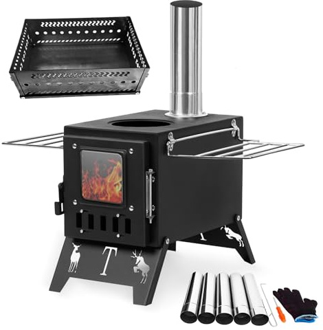 Sauna Hot Tent Stove, Portable Wood Burning Stove for Hot Tent Sauna Heating, Folding Camping Stove with 5 Chimney Pipes, Stone Basket, Cooking Boiling Water Ice Fishing (Carbon Steel)