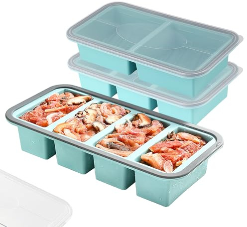 BONJUME Bandeja Para Congelar En Forma De Cubo, 3PCS Grande Bandeja De Silicona Con Tapa Resistente Al Calor Recipientes Para Congelar Comida Preparada Sopas Caldos Salsas