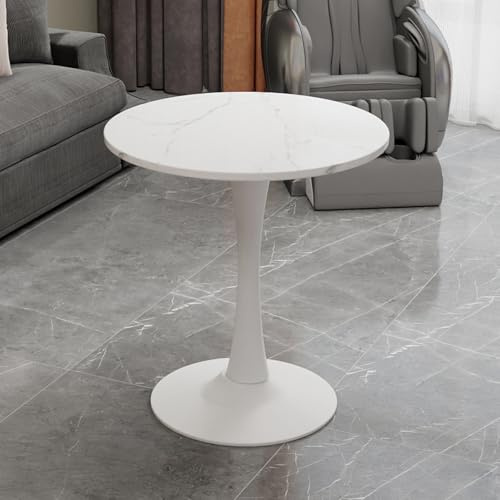 HaoChrymec Tavolino Rotondo in Marmo Artificiale, Piano con Venature Bianche e Base a Colonna, Tavolo da Caffè Mid Century, Tavolo per Soggiorno e Zona Relax, Bianco, 70x70x72cm