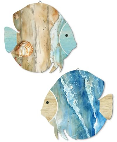 Putuo Decor Set di 2 decorazioni da parete in legno a forma di pesce, rustico, decorazione da parete, decorazione marittima in legno per bagno, casa marittima e casa sulla spiaggia