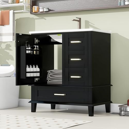 Kelodan Mobile da bagno, 76 x 46 x 83,5 cm, completamente verniciato, scaffale per porta, tre cassetti silenziosi, ripiani regolabili, lavabo in ceramica integrato, colore nero.