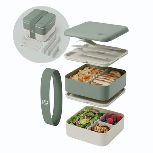 monbento - Lunch Box Adulte Flex Vert Natural - Boite Repas 1 L 2 Étages Modulable - Bento Compartimenté avec Couverts Inclus - Hermétique & sans BPA - Idéal pour Meal Prep/Bureau