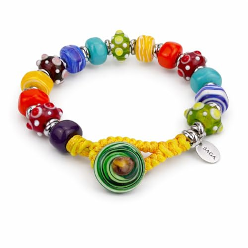 SAGA GIOIELLI Bracciale Colorato con Perle in Vetro – Bracciale Artigianale Multicolore Regolabile 23 cm – Gioiello Unisex Uomo Donna – Idea Regalo Originale (PEACE)