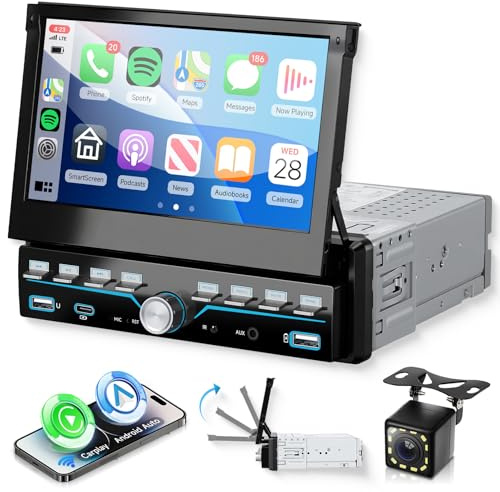 VECHTEL Schermo IPS Tattile Ripiegabile Manualmente da 7'', Autoradio 1 Din con CarPlay Android Auto Wireless, Mirror Link, Bluetooth, Radio FM, EQ, Controllo al Volante, Telecamera, USB/Tipo-C | CarPlay e Android Auto wireless, Bluetooth, Mirror Link, Radio FM, EQ, Vontrol al volante, fotocamera posteriore, USB/Tipo-C