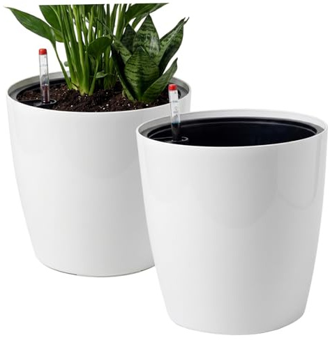 Gemuseeee Vasi autoirriganti per piante da interno, confezione da 2 con indicatore del livello dell'acqua e sottovasi, grandi vasi moderni bianchi da 25 cm per casa, patio, balcone.