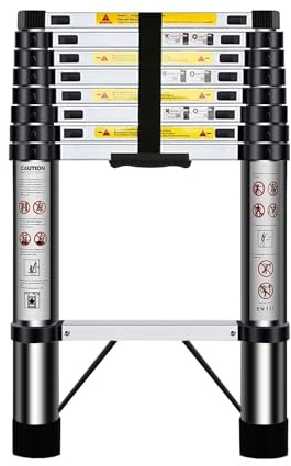 Nestling Telescopic Ladder 2.5m, Stainless Steel Loft Ladder Extendable, Max Load 150kg/330lb, Adjustable Step, for Decorating, Painting