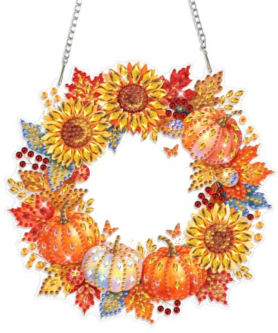 GHHKUD Herbstlicher Kürbiskranz Diamond Painting Fensterbilder Beidseitige, Diamond Painting Anhänger mit Kette, Diamant Malerei Bilder Kristall Fensterbilder Wandbehang Kits für Wand Decor