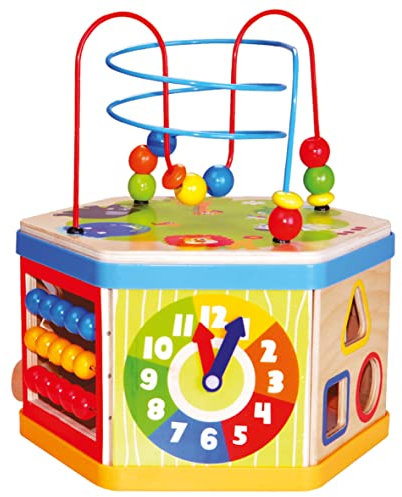 Bino Combi-Motorikwürfel 7+1, Spielzeug für Kinder ab 1 Jahr (Motorikspielzeug mit sieben Spielformen, hochwertiges Holzspielzeug, Förderung der feinmotorischen Fähigkeiten), Mehrfarbig