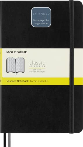 Moleskine Classic Notebook Expanded, Taccuino a Quadretti, Copertina Morbida e Chiusura Elastica, Formato Large 13 x 21 cm, Colore Nero, 400 Pagine