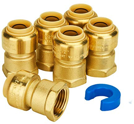 SUNGATOR 6-Pack Female Adapter, 1/2-Inch by 1/2-Inch Straight Connector Plumbing Fitting, Push Fit PEX Fittings with Disconnect Clip, Push-to-Connect Copper, CPVC, No Lead Brass Pipe Fittings
