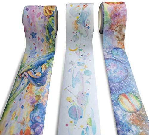 Navy Peony Unter dem Meer und im Weltraum Washi-Tapeset (3 Rollen, 30 mm x 5 Meter) | Wasserfest, Wasserfarben, niedlich | Breites dekoratives Klebeband für Planer, Tagebücher, oder Sammelalben