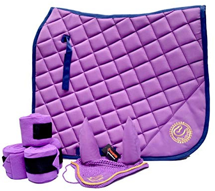 Equipride Tapis de selle de dressage avec voile anti-mouches et bandages assortis Violet
