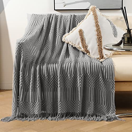 LumiSyne Gestrickte Decke Mit Quaste Einfarbig Blasenmuster Kuscheldecke Strickdecke Tagesdecke Überwurf Couchdecke Dekorative Decke Für Sofa Bett 230x130cm