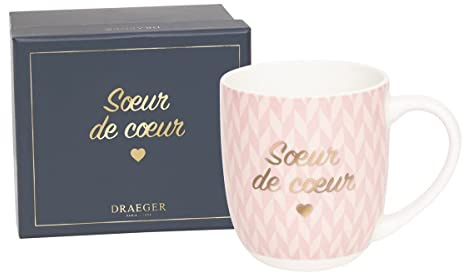 DRAEGER PARIS 1886 - Taza de Cerámica SOEUR DE CœUR - Diseño Chic y Moderno - Capacidad 320ml - Ideal para Amigas Especiales - Decoración Elegante en Azul o Rosa - Producto de Calidad desde 1886