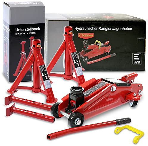 ENVA 2X Klappbarer Unterstellbock Kfz 2t, Stützbock höhenverstellbar von 277 mm – 365mm + 1x Hydraulik Wagenheber 2t Hubhöhe 135 – 340 mm, Profi Rangierwagenheber Car Jack