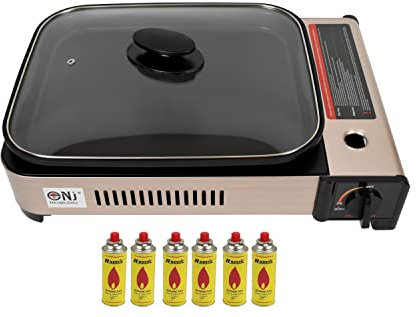 NJ Portable Gas BBQ Deep Dish Grill Stove Tabletop Camping Cooker Non-stick Pan Glass LID (Gas Grill + 6 Canisters)