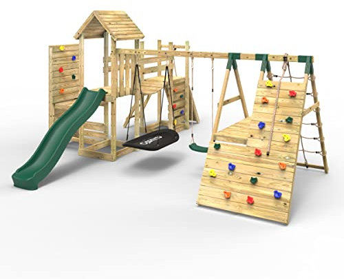 Rebo® Children's Double Tower Climbing Frame with Flexible Bridge, Swing and Slide - Montana | OutdoorToys | Sturdy Wooden Construction, Pressure Treated Timber