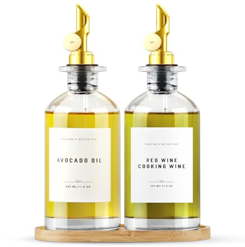 GIXSEGIE Olive Oil Dispenser Bottle with Bamboo Tray, Oil and Vinegar Dispenser Set w.Metal Pour Spout, Coffee Syrup Dispenser, Olive Oil Cruet Cooking Oil Dispenser for Kitchen | Oil and Vinegar Dispenser Set, Coffee Syrup & Cooking Oil Glass Dispenser for Kitchen - Set of 2