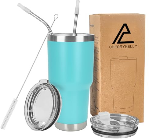 CherryKelly 30oz (850ml) Insulated Travel Tumbler Mug Stainless Steel Vacuum Coffee Cup with 2 Leak-Proof Lids & Straws, BPA-Free, Hot & Cold, Commute, Gym, Office - Turquoise