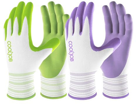COOLJOB 2 Pairs Gardening Gloves for Women, Rubber Coated Ladies Gardening Gloves, Breathable Work Gloves Women with Grip, Medium Size, Lavender Purple & Apple Green