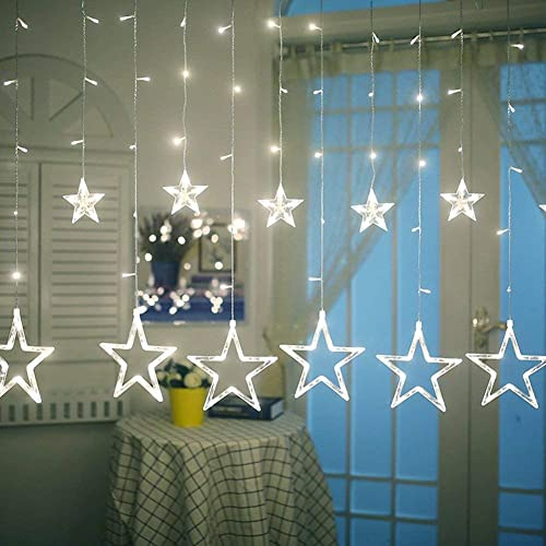 iShabao Lichterkette Sterne Strom 138 LED Weihnachtsbeleuchtung Fenster, 2.4x1m Lichtervorhang Fenster Weihnachten mit 12er Sterne, Lichterkette Innen mit Timer für Weihnachtsdeko (Weiß)