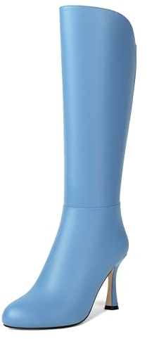 AMBELIGHT Women's Knee High Cold Weather Stiletto Matte Zip Solid High Heel Wedding Round Toe 3.3 Inch Boots Light Blue Size 10 - Tacones de Mujer Altos