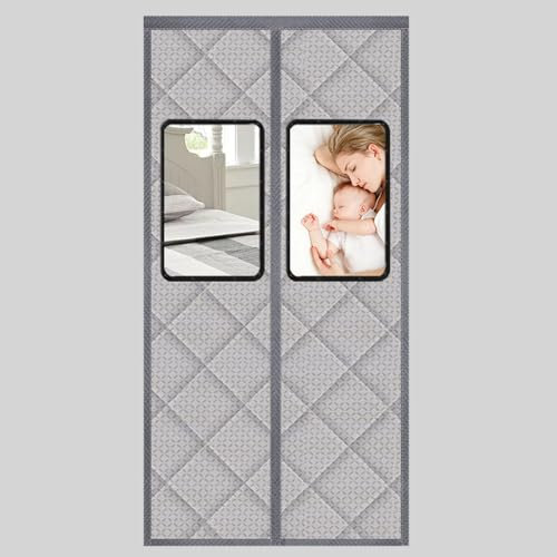 WHYATT Tür Vorhang, Thermovorhang kälteschutz, Winddicht, Kryptomagnet, Mit Sichtfenster, Geeignet für Vorder- und Hintertüren (Color : Gray, Size : 70.9 X 82.7in(180 X 210cm))