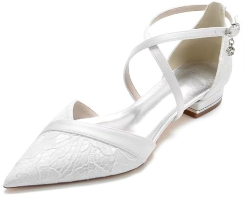 JOEupin Zapatos planos puntiagudos de boda para novia, tacones bajos, correa cruzada en el tobillo, zapatos planos de novia, zapatos de vestir de fiesta de noche, zapatos de tacón, Blanco, 38 EU