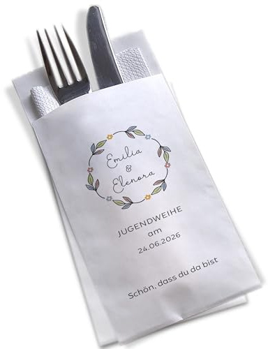 Tischdeko personalisierbare Bestecktasche Blumenkranz Jugendweihe jeder Anlass Konfirmation Firmung Taufe Geburtstag