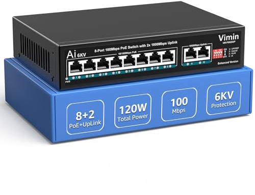 Switch PoE 10 Ports, VIMIN Switch Réseau PoE 8 Ports Non Géré 10/100Mbps avec 2 Ports Gigabit Uplink, AI Watchdog, VLAN, Extension 250m, Supporte IEEE802.3af/at