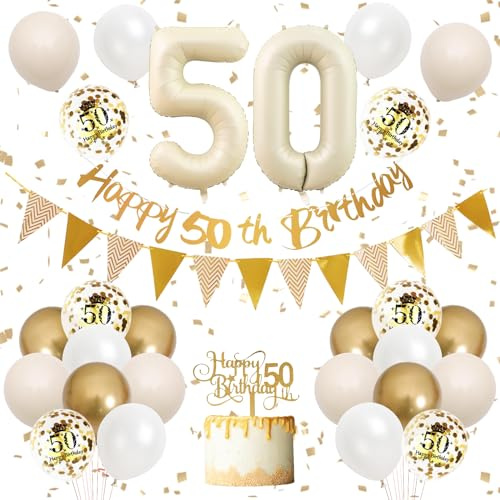 50th Birthday Decorations Sand White Gold,Happy 50th Banner with Cake Toppers,Confetti Balloons,Beige Number 50 Balloons for Women Men Birthday Party
