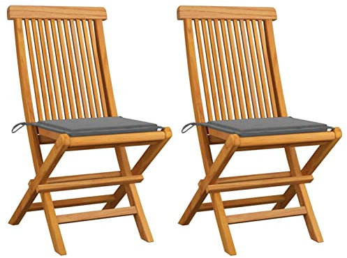 Gecheer 2 STK. Gartenstühle mit Grauen Kissen Klappsesseln Armlehnstühle Balkonstühle Gartenstuhl Garten Essstühle Campingstuhl Klappstuhl Gartenmöbel Holzstuhl für Garten Terrasse,Massivholz Teak