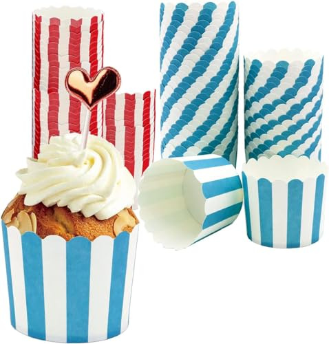 Muffin Papierförmchen, Muffin Förmchen Papier, Rot und Blau Cupcake Wrapper, für Halloween, Geburtstage, Partys, Hochzeiten, 100 Stück (Streifen)
