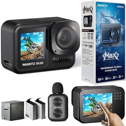 WANNTO Action Cam Motion Max 5K 30MP,IPX8 Unterwasserkamera 20M Wasserdicht ohne Gehäuse WiFi EIS Dual-Screen, mit 2in1 kabellosem Mikrofon Fernbedienung (Motion Max)