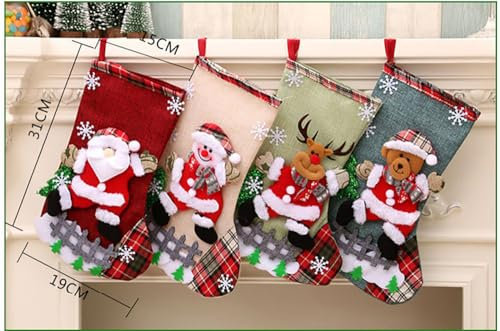 Blausky 4er Set Weihnachtsstrumpf,Nikolausstrumpf,Nikolausstiefel zum Aufhängen,Leinen Weihnachtssocken,Weihnachtsdeko,Groß Nikolausstrumpf,für Weihnachten Kamin Deko Geschenke,Gemischt I