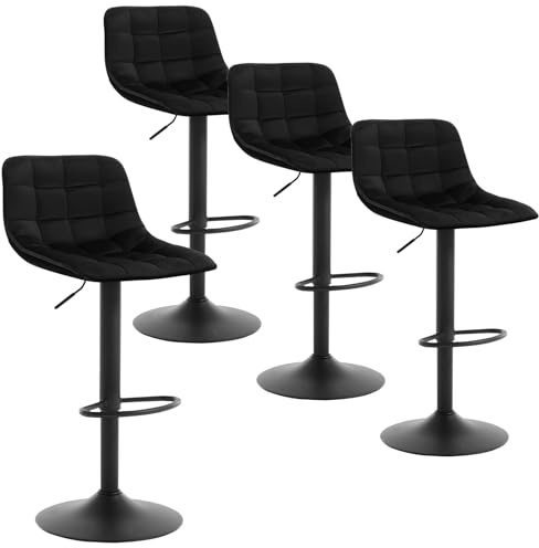 WOLTU Barhocker 4er Set, Barstuhl mit Rückenlehne, Samt-Bezug, Schwarz | Drehbarer Bar Stool mit Rückenlehne und Fußstütze, Höhenverstellbar, rutschfeste Metallfüße, für Küche, Hausbar