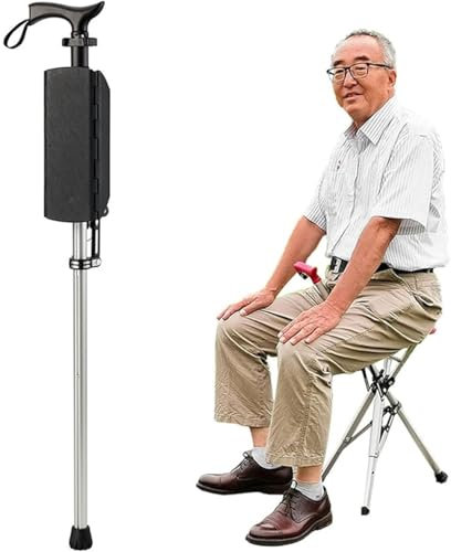 HSWOYEA Taburete de bastón Plegable de aleación de Aluminio, Altura Ajustable, 2 en 1, con Asiento Que se Convierte en una Silla trípode, Capacidad de 400 Libras para Personas Mayores