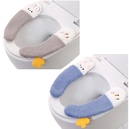2 paia di copri tavoletta per WC, addensato, appiccicoso, per l'inverno, lavabile, morbido cuscino per WC (blu + grigio)