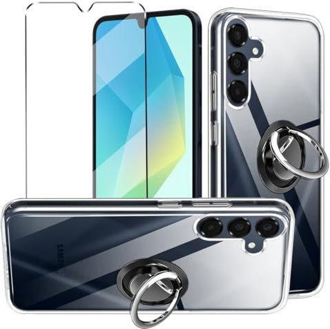 HuiYouMY 3-in-1 Case + Phone holder Ring Compatible with Samsung Galaxy A16 5G Cover with 1 Pack Tempered Glass Screen Protector, Slim Fit Soft TPU Shockproof Anti-Scratch Phone Case - Clear