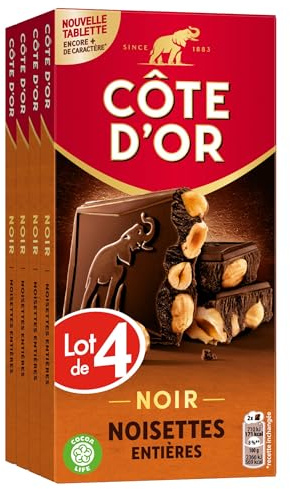 CÔTE D'OR - 4 Tablettes Côte d'Or Bloc Chocolat Noir et Noisettes Entières 180g - Chocolat Noir et Noisettes Entières - Lot de Tablettes de Chocolat - Lot de 4x180g