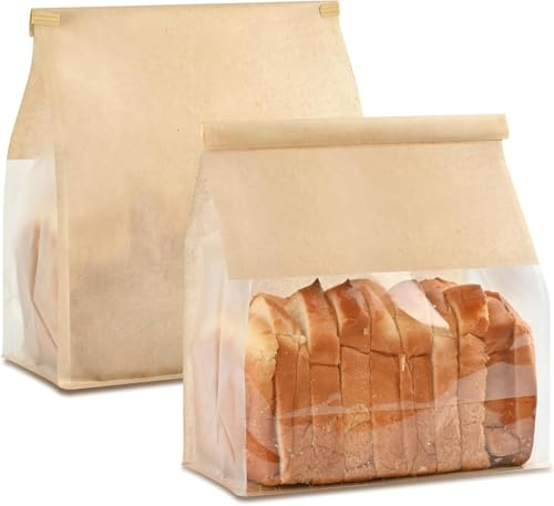 20 Pcs Bread Bags with Window, Kraft Paper Food Bags Sandwich Bags with Tab Lock Used for Storage Cookies Snacks Fruits and More (22x11x28 cm)