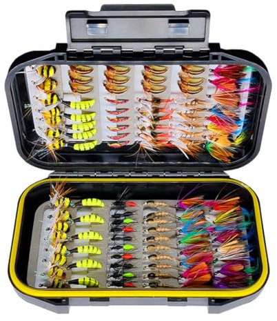 Qitewwrme Fliegenfischen Fliegen Kit, 100 Pcs Künstliche Fliegenfischen Köder mit trockenen/nassen Fliegen, Streamer, Fliegensortiment Forelle Angeln mit Box