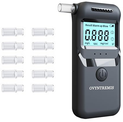 Ovyntremis Tragbarer Alkoholtester zertifiziert mit 10 austauschbaren Mundstücken, digitaler Alkoholtest mit LCD-Display, Alkoholtester für den privaten und professionellen Gebrauch