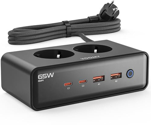 VOOMY Regletas Enchufes con 65W USB-C Carga Rápida, Regleta Enchufes con USB (2 USB-C y 2 USB-A), Alargador Enchufe con 2 Tomas, Enchufe multiple con Interruptor, proteccion sobretension y Cable de 2m